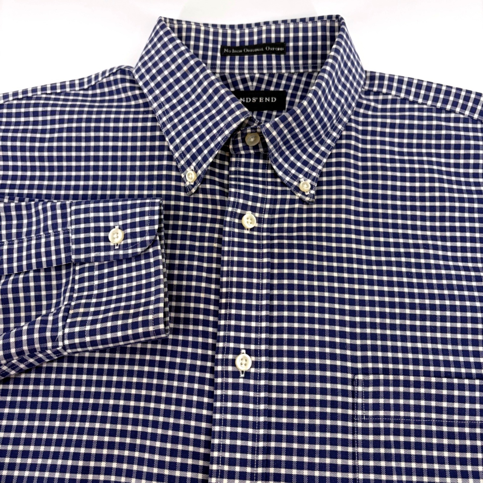 Lands End Mens No Iron Original Oxford Shirt Navy Blue Gingham Check Xl